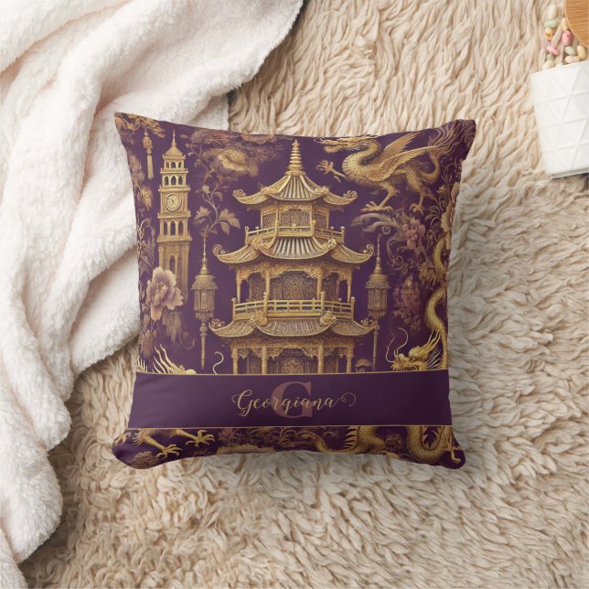 Personalized Purple & Gold Victorian Chinoiserie Throw Pillow (Blanket)