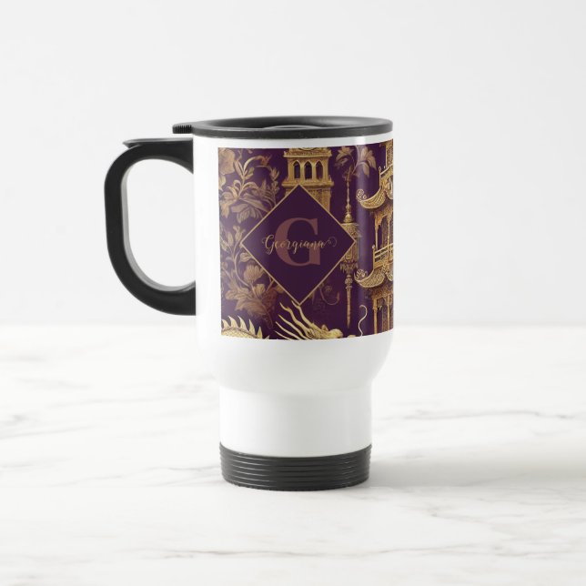 Personalized Purple & Gold Victorian Chinoiserie Travel Mug (Left)