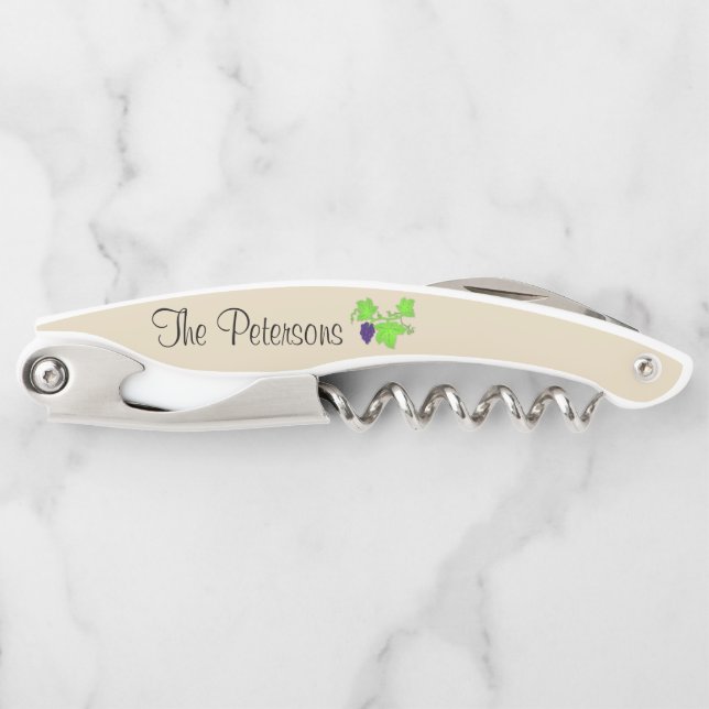Personalized Purple Grapes~Green Grapevine Leaves Waiter's Corkscrew (Front)
