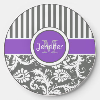Personalized Purple, Gray Striped, Abstract Floral Wireless Charger
