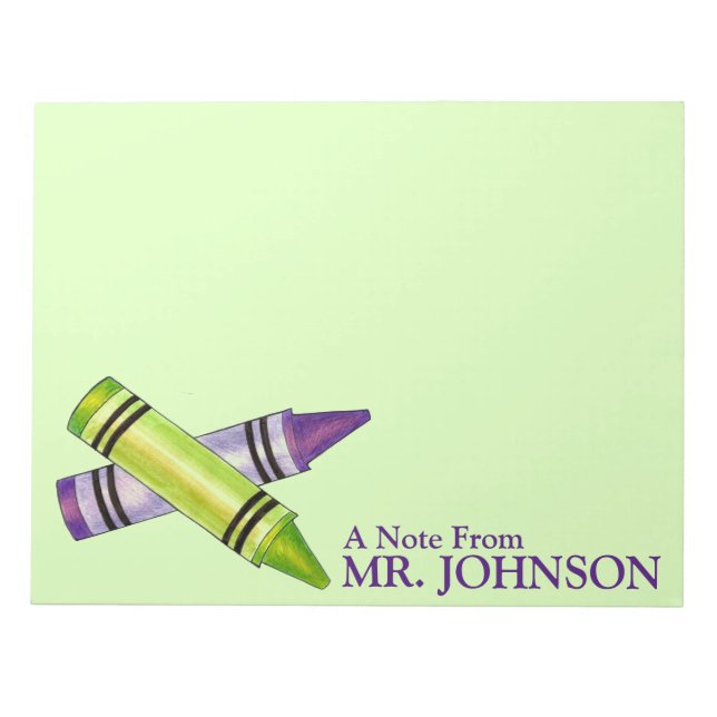 Personalized Purple Green Crayon Teacher Education Notepad (Front)