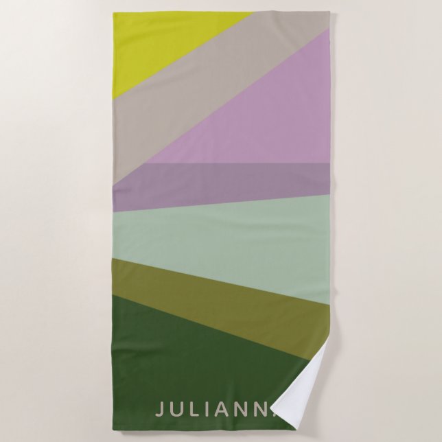 Personalized Purple Green Geometric Bachelorette  Beach Towel (Front)