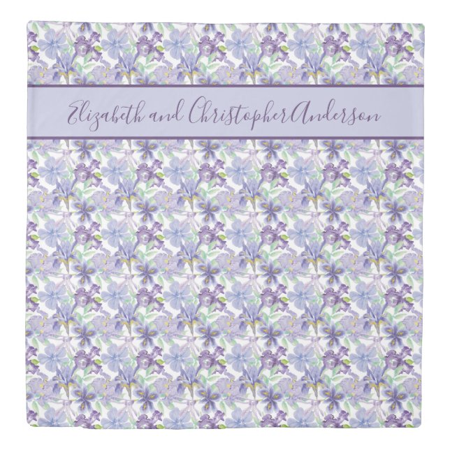 Personalized Purple Green Iris Floral Watercolor  Duvet Cover (Front)