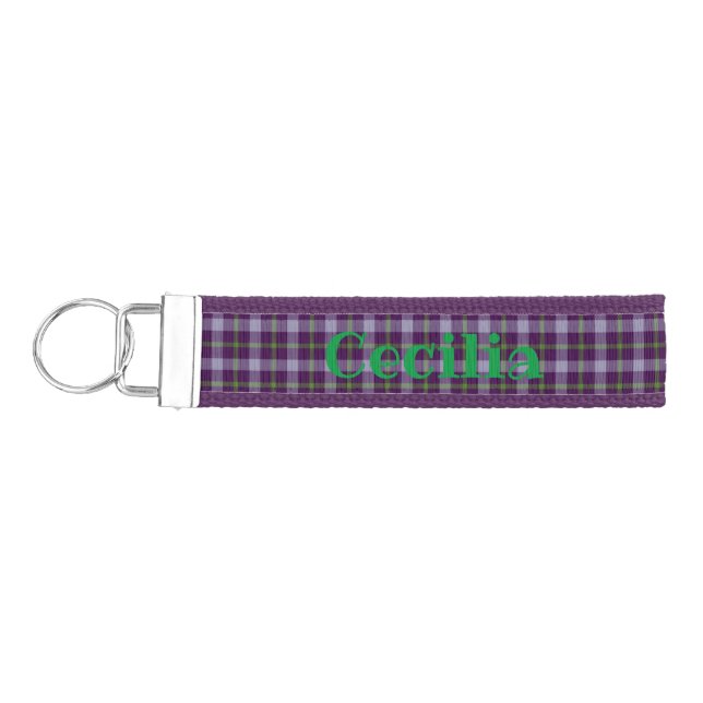 Personalized Purple Green Plaid Wrist  Keychain (Keys on Left)