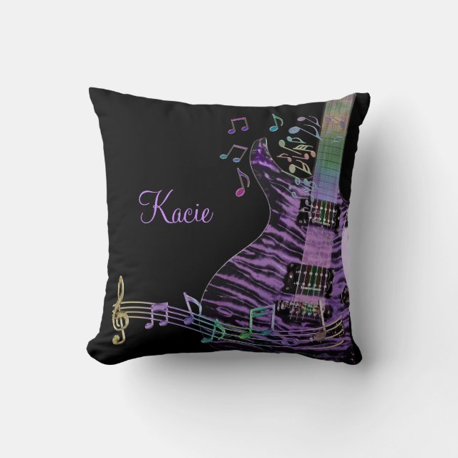 Personalized Purple Guitar with Rainbow Notes Throw Pillow (Front)