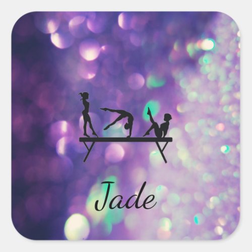 PERSONALIZED PURPLE GYMNASTICS SQUARE STICKERS