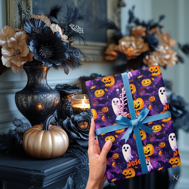 Personalized Purple Halloween Pumpkin & Ghost   Wrapping Paper (Creator Uploaded)