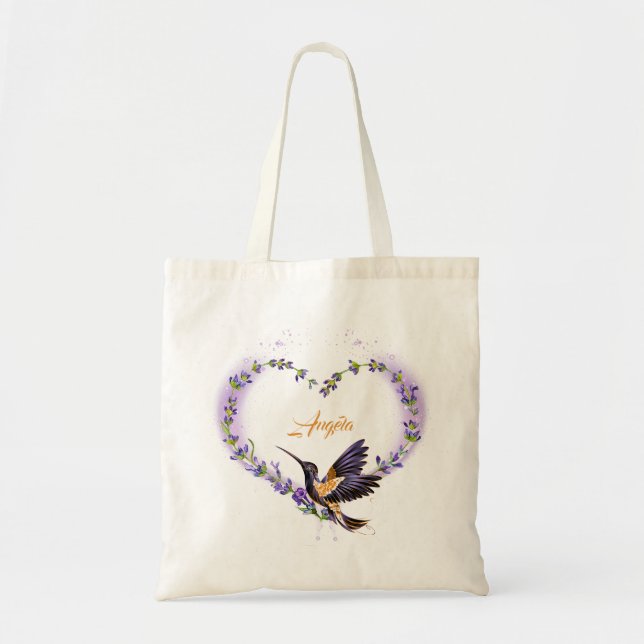 Personalized Purple Hummingbird Heart Tote Bag (Front)