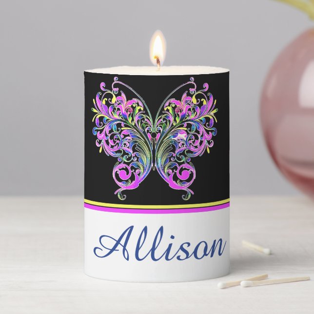 Personalized purple lace butterfly  pillar candle (In Situ)