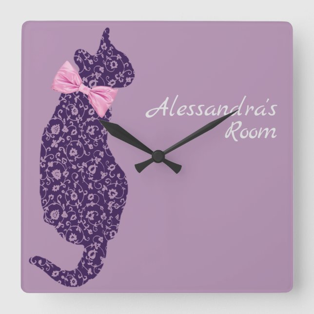 Personalized Purple Lace Cat Silhouette  Lavender Square Wall Clock (Front)