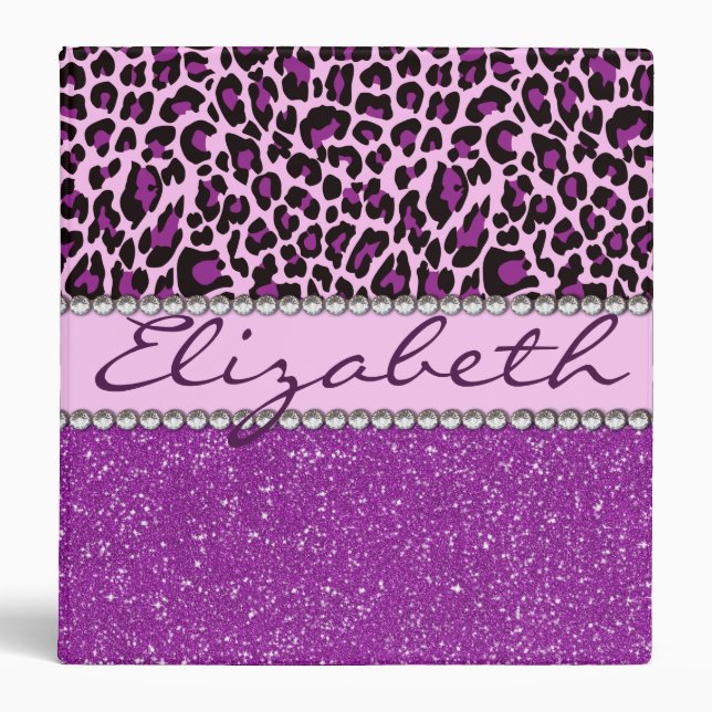 Personalized Purple Leopard Print Glitter Binder (Front)