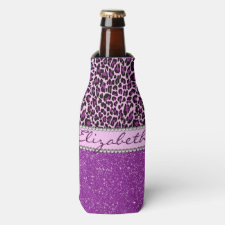 Personalized Purple Leopard Print Glitter Bottle Cooler