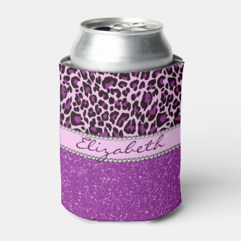 Personalized Purple Leopard Print Glitter Can Cooler by ironydesigns at Zazzle