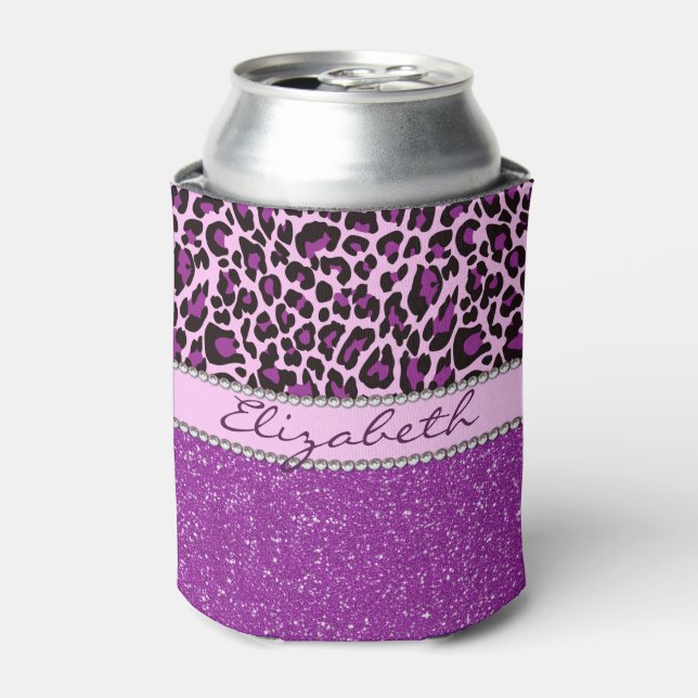 Personalized Purple Leopard Print Glitter Can Cooler (Can Front)