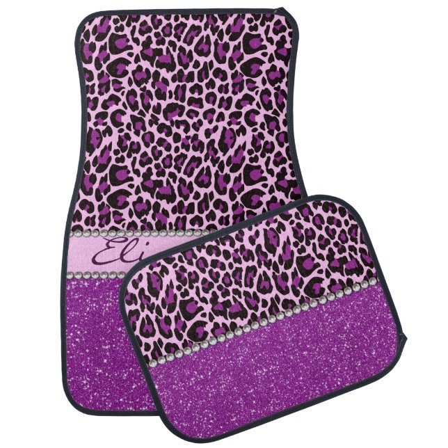 Personalized Purple Leopard Print Glitter Car Mat (Set)