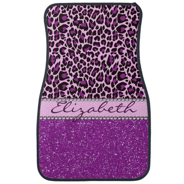 Personalized Purple Leopard Print Glitter Car Mat (Front)