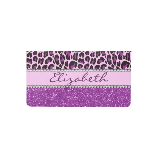 Personalized Purple Leopard Print Glitter Checkbook Cover (Front)