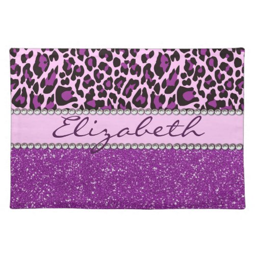 Personalized Purple Leopard Print Glitter Cloth Placemat