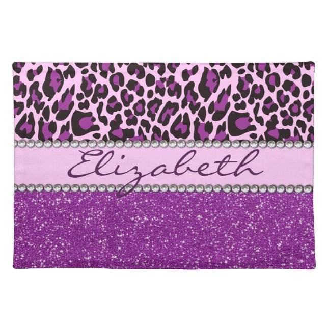 Personalized Purple Leopard Print Glitter Cloth Placemat (Front)