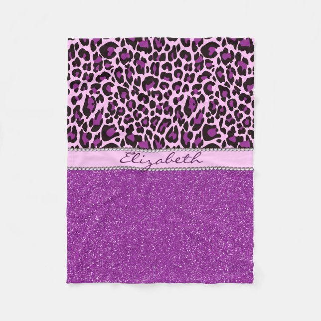 Personalized Purple Leopard Print Glitter Fleece Blanket (Front)