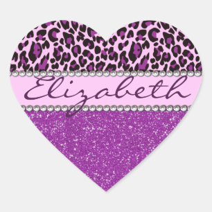 Personalized Purple Leopard Print Glitter Heart Sticker