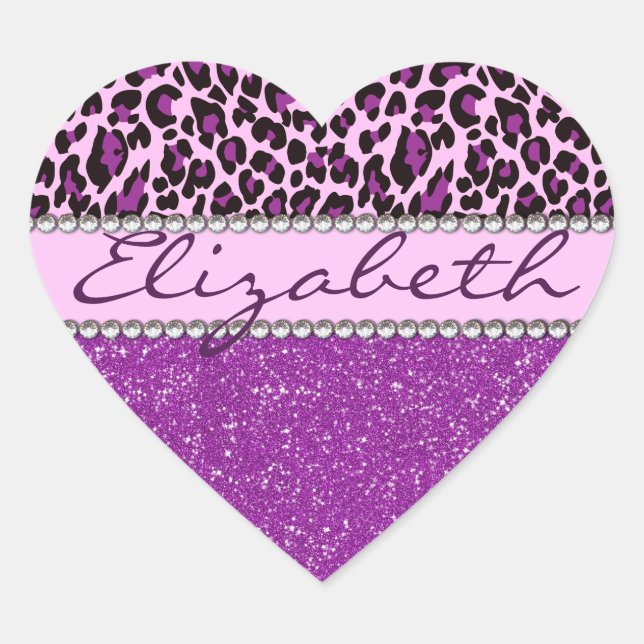 Personalized Purple Leopard Print Glitter Heart Sticker (Front)