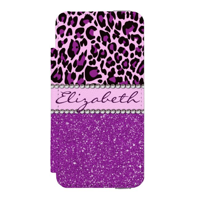 Personalized Purple Leopard Print Glitter Incipio iPhone Wallet Case (Folio Front)