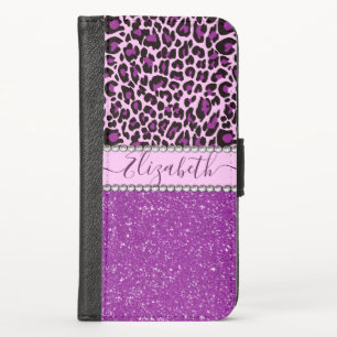 Personalized Purple Leopard Print Glitter iPhone X Wallet Case
