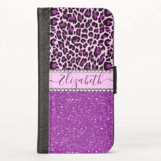 Personalized Purple Leopard Print Glitter iPhone X Wallet Case
