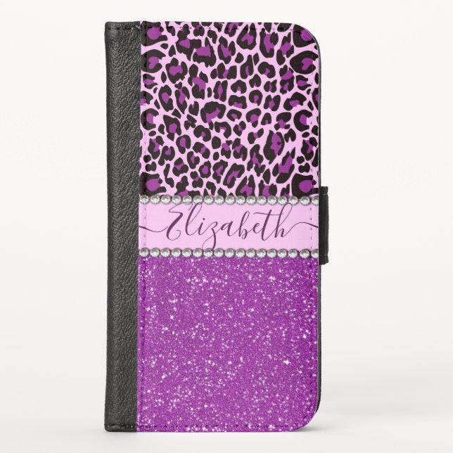 Personalized Purple Leopard Print Glitter iPhone Wallet Case (Front)