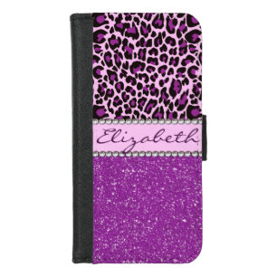 Personalized Purple Leopard Print Glitter iPhone 8/7 Wallet Case