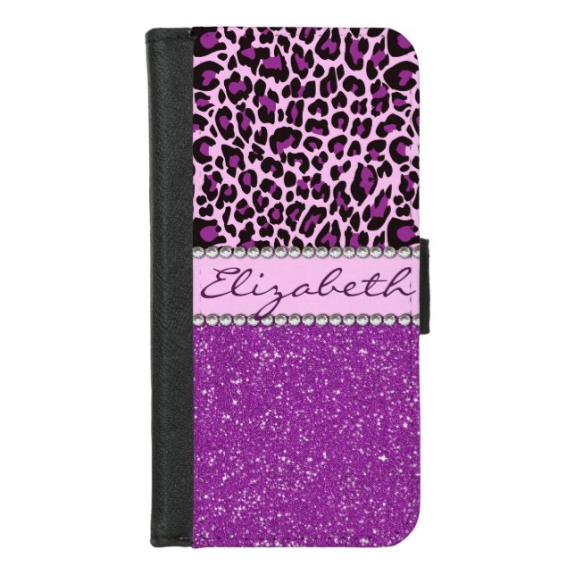 Personalized Purple Leopard Print Glitter iPhone Wallet Case (Front)
