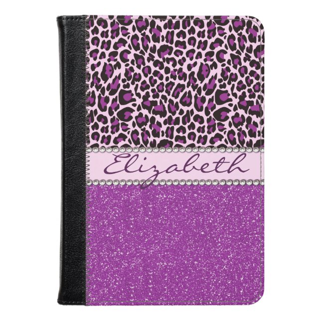 Personalized Purple Leopard Print Glitter Kindle Case (Front Closed)