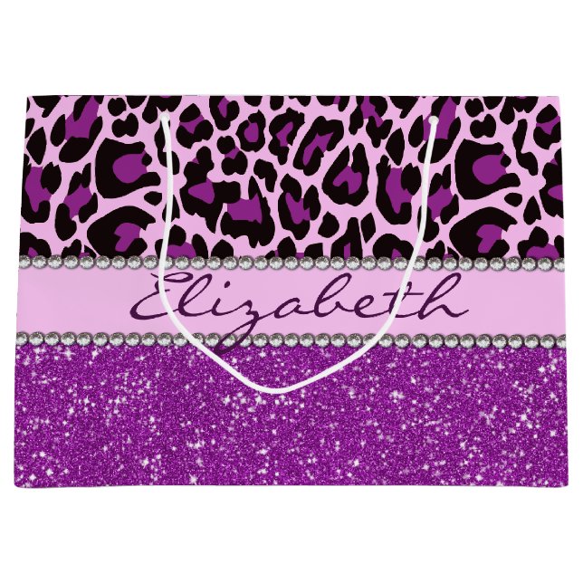 Personalized Purple Leopard Print Glitter Large Gift Bag (Front)