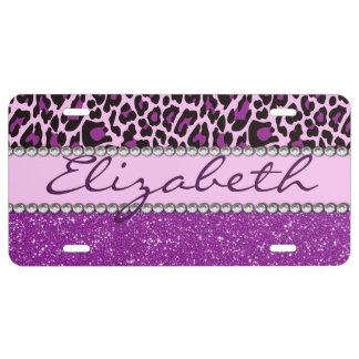 Personalized Purple Leopard Print Glitter License Plate