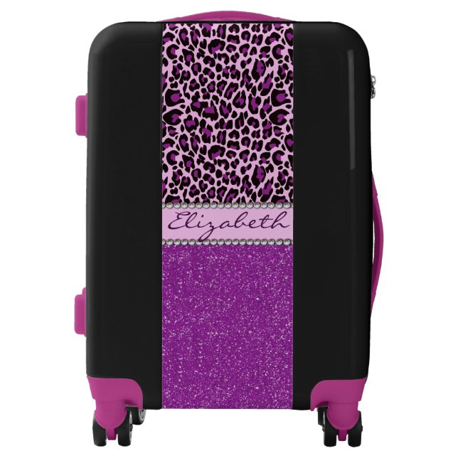 Personalized Purple Leopard Print Glitter Luggage (Front)