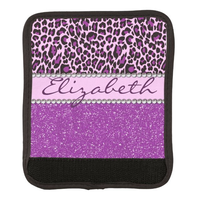 Personalized Purple Leopard Print Glitter Luggage Handle Wrap (Front)
