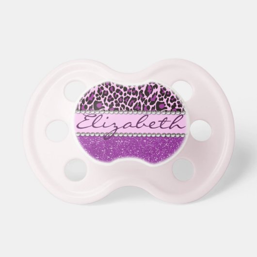 Personalized Purple Leopard Print Glitter Pacifier (Front)
