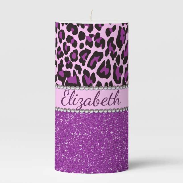 Personalized Purple Leopard Print Glitter Pillar Candle (Front)