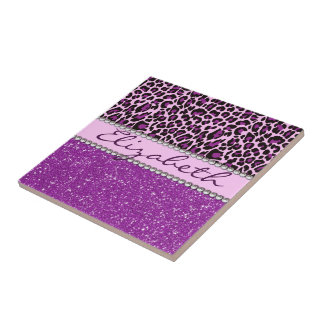 Personalized Purple Leopard Print Glitter Tile