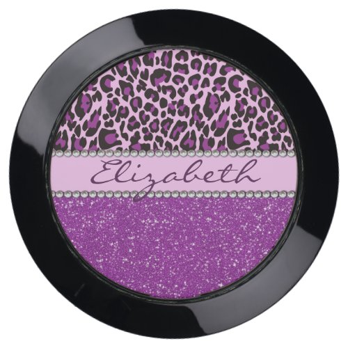 Personalized Purple Leopard Print Glitter USB Charging Station