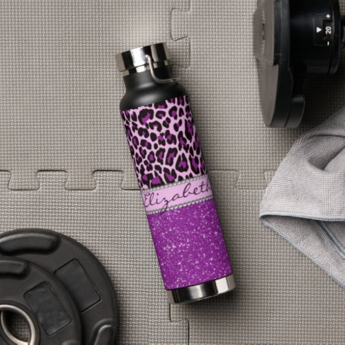 Personalized Purple Leopard Print Glitter Water Bottle