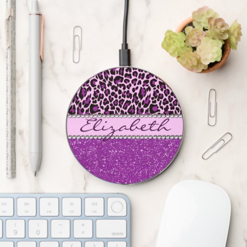Personalized Purple Leopard Print Glitter Wireless Charger