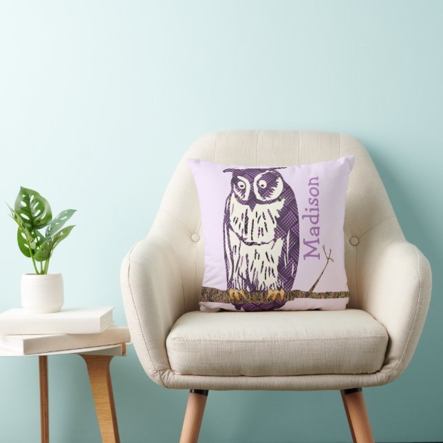 Personalized Purple Lime Baby Girl Modern Owl Throw Pillow (Chair)