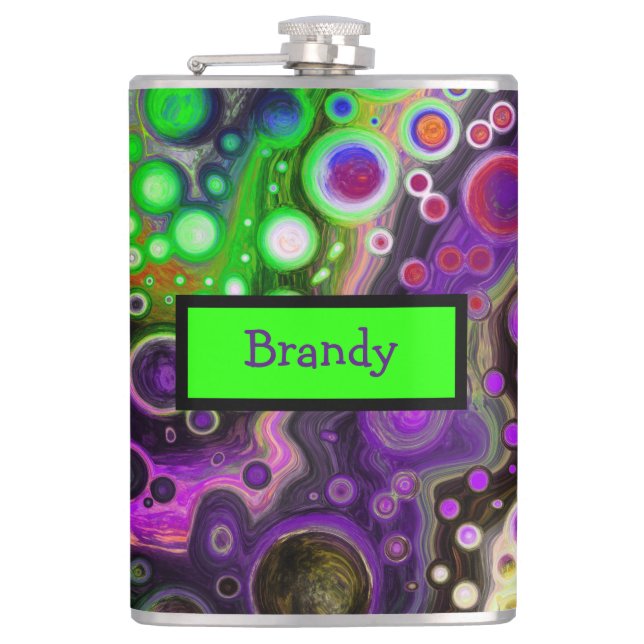 Personalized Purple, Lime Green, Black Fluid Art  Flask (Front)