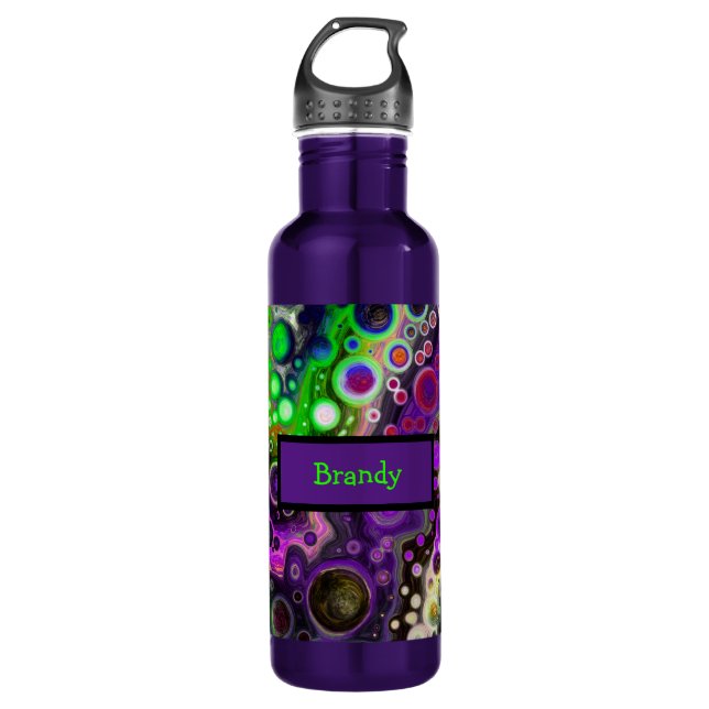 Personalized Purple, Lime Green, Black Fluid Art Stainless Steel Water Bottle (Front)
