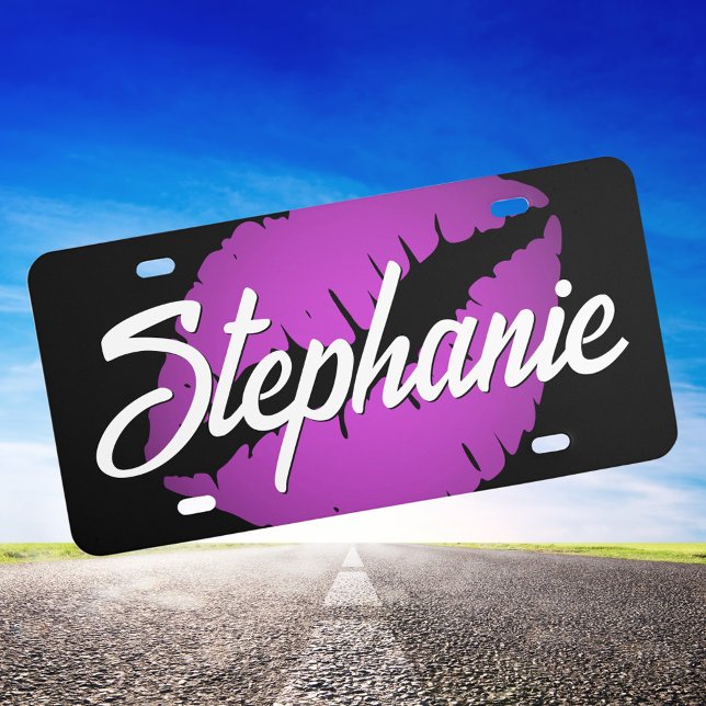Personalized Purple Lipstick White and Black License Plate (Create your own personalized purple lips decorative license plate.)