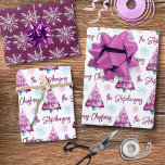 Personalized Purple Mauve Merry Christmas Tree Wrapping Paper Sheets<br><div class="desc">Create your own personalized coordinated set of purple and mauve novelty Christmas giftwrap with your choice of greeting (the sample shows MERRY CHRISTMAS) and your name or other custom text in a modern, trendy handwritten script font, a watercolor Christmas tree and snowflakes pattern. ASSISTANCE: For help with design modification or...</div>