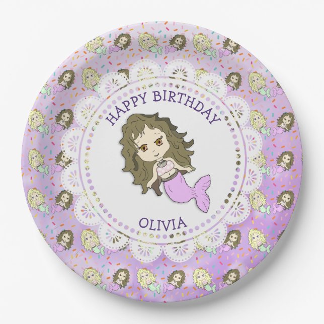 Personalized Purple Mermaid Birthday Plates (Front)