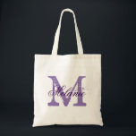 Personalized purple monogram wedding tote bag<br><div class="desc">Personalized deep purple monogram wedding tote bag for bride's crew. Elegant plum color logo design with monogrammed letter initial and stylish script calligraphy typography. Cute vintage gift idea for bride to be and brides entourage. Make one for bridesmaids, maid of honor, matron of honor, mother of the bride, mother of...</div>